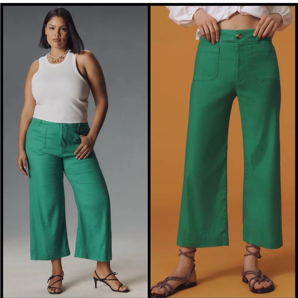 Maeve Colette Crop Linen Pants Wide-Leg Anthropologie BrightGreen Size 29P